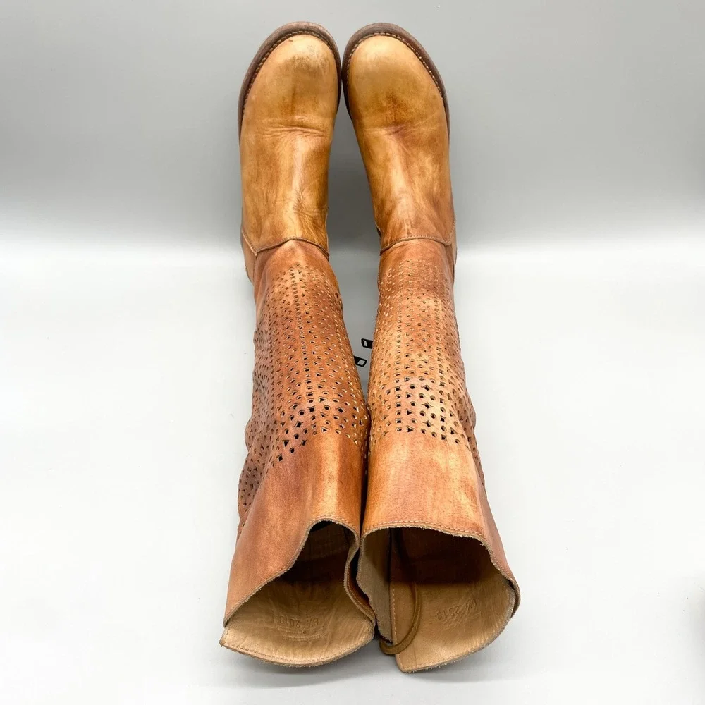 Bed Stu Cambridge Boots Womens 6.5 Tan Distressed Leather Perforated Tall Boho